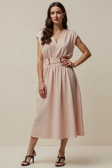 A Line V Neck Long Blush Work Dress With Belt